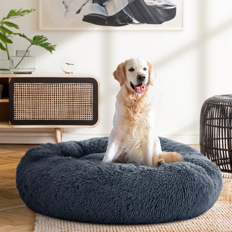 i.pet pet bed dog cat 90cm large calming soft plush bed dark grey