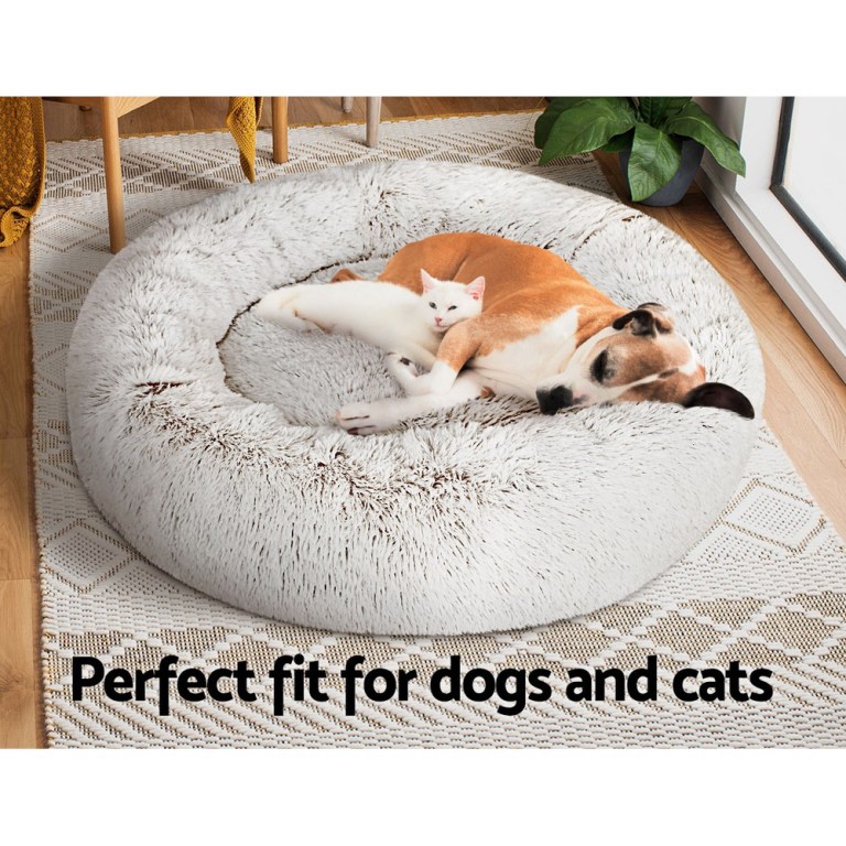 i.pet pet bed dog cat 90cm large calming soft plush white brown