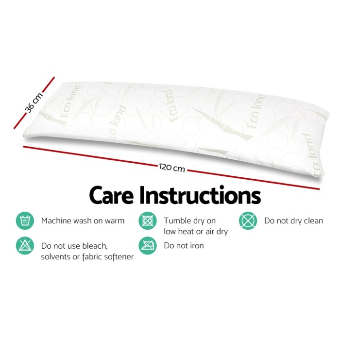 giselle bedding body support pillow bamboo cover Eco Land pillow care instructions and dimensions.