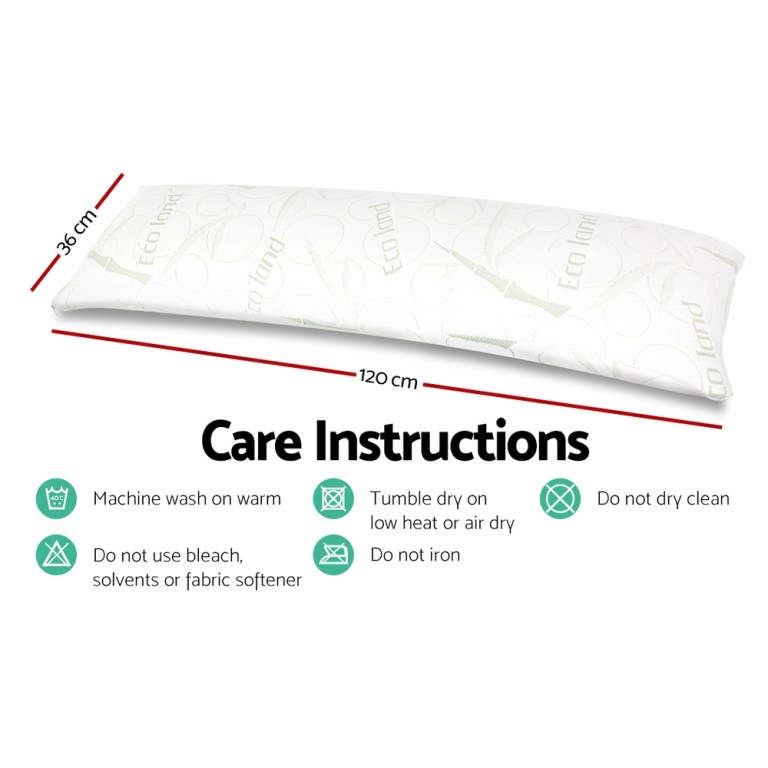 Eco Land pillow care instructions and dimensions.