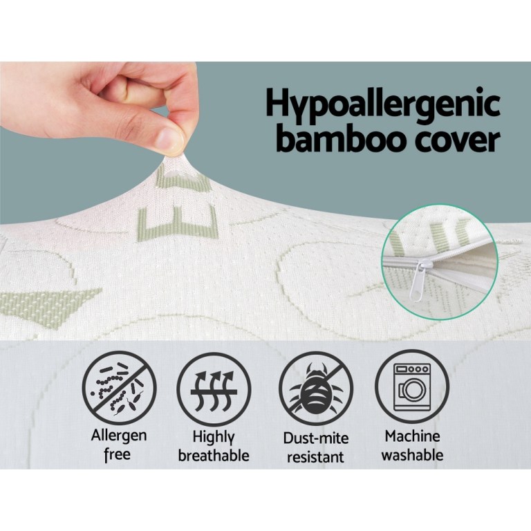 Hypoallergenic bamboo cover; allergen-free, breathable, washable.