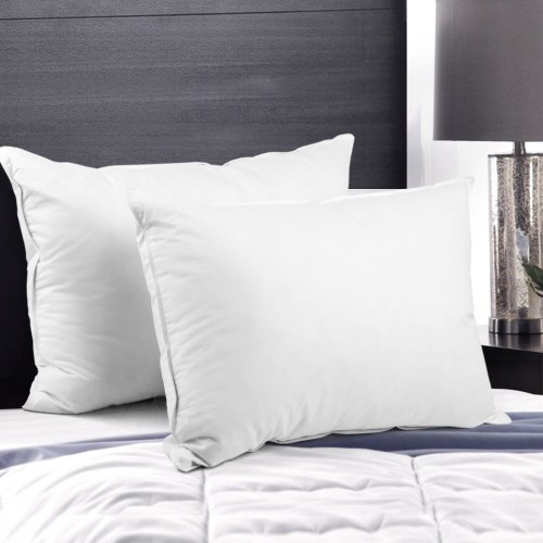 pillow goose x2 202502281434 00.jpg Two white bed pillows on quilted bedspread