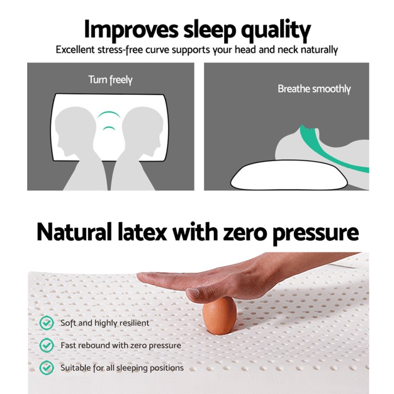 Natural latex pillow supports head, neck; zero pressure.
