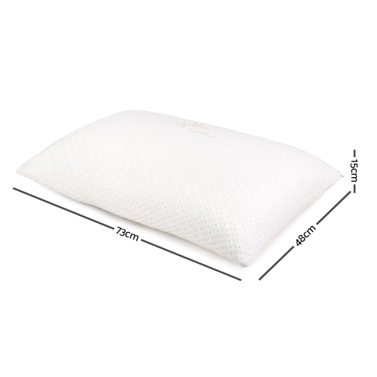 giselle bedding memory foam pillow bamboo cover twin pack White pillow with dimensions labelled 73x48x15cm.