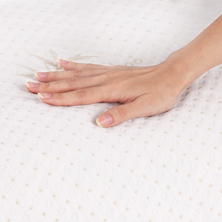 giselle bedding memory foam pillow bamboo cover twin pack Hand touching soft, dotted white fabric surface.