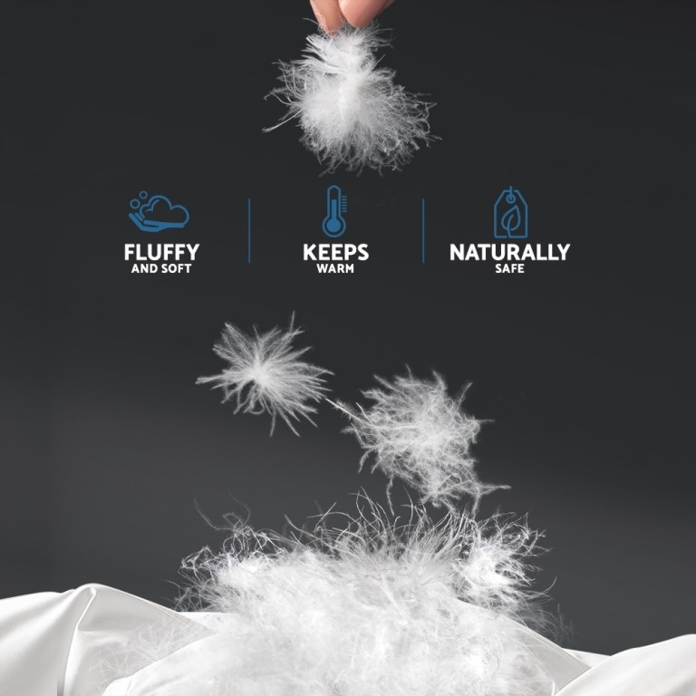 Hand holding soft, warm, safe down feathers.