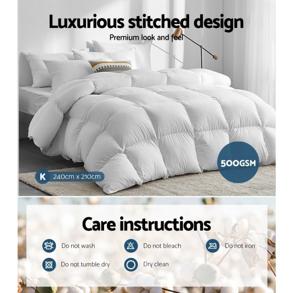 giselle bedding 500gsm duck down feather quilt king Luxurious white stitched quilt, 240x210cm, care instructions included.
