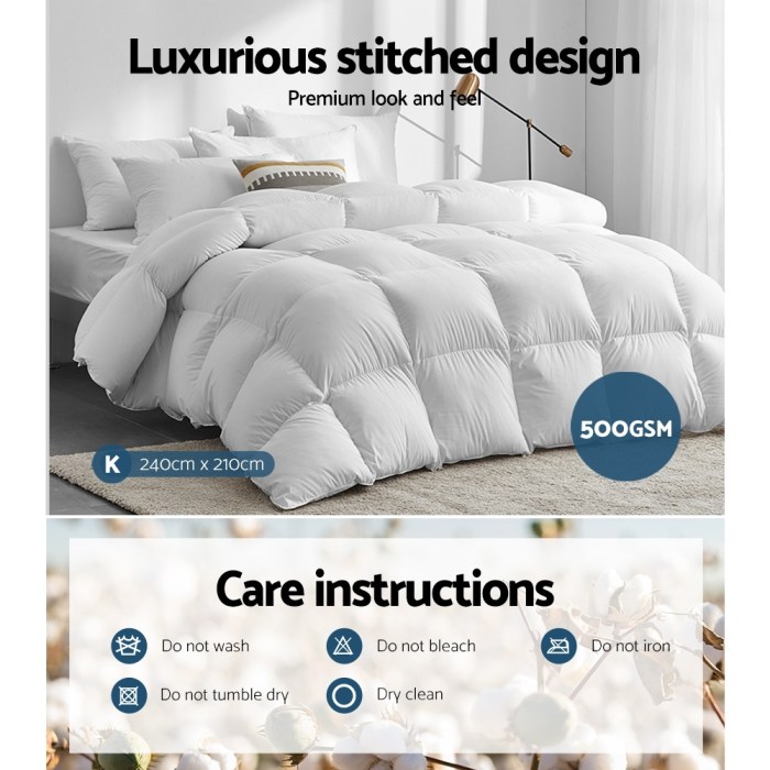 giselle bedding 500gsm duck down feather quilt king Luxurious white stitched quilt, 240x210cm, care instructions included.