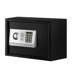 Black electronic safe with keypad and dial lock.