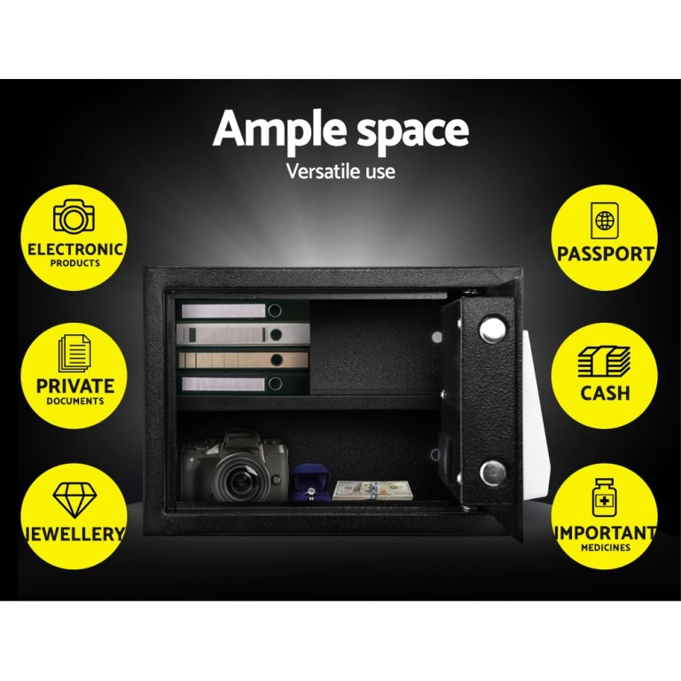 Secure safe for documents, electronics, jewellery, cash.