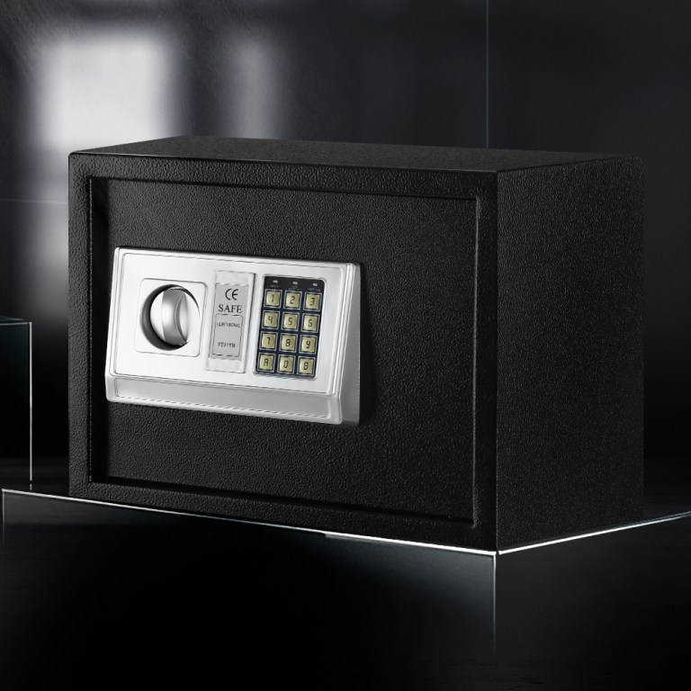 Black electronic safe with keypad and dial