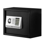 Black electronic safe with digital keypad lock.