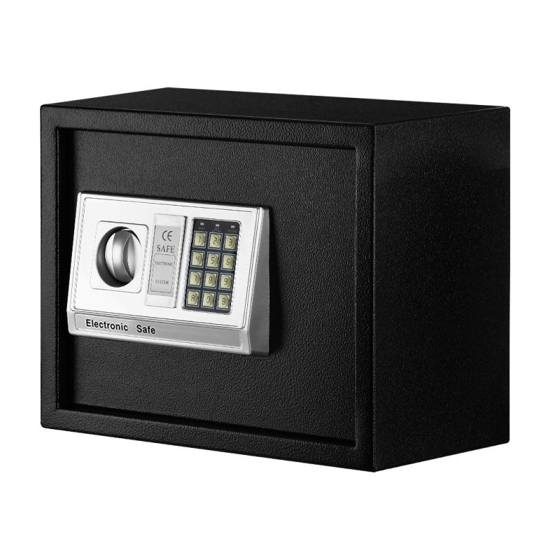 Black electronic safe with digital keypad lock.