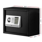 Black electronic safe with digital keypad and dimensions shown.