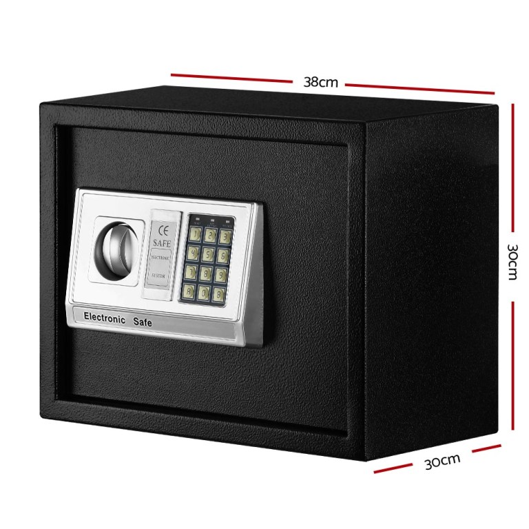 Black electronic safe with digital keypad and dimensions shown.