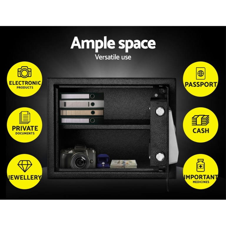 Open safe with ample storage for valuables.