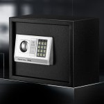 Black electronic safe with keypad and handle.