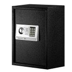 Black electronic safe with keypad and handle.