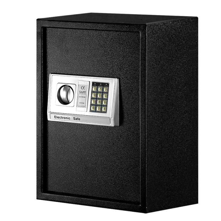 Black electronic safe with keypad and handle.