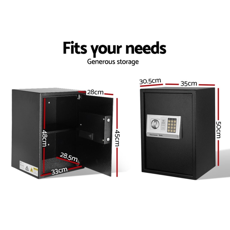 Two electronic safes with dimensions highlighted