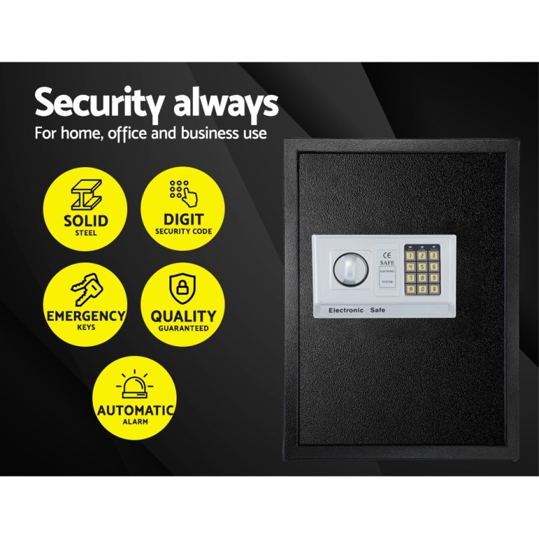 Electronic safe with security features for office use.
