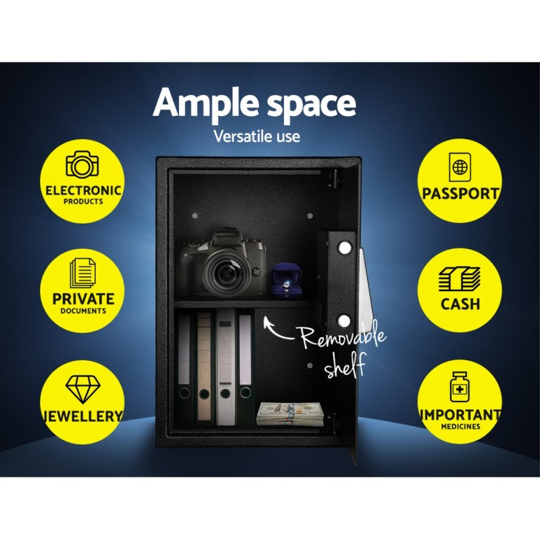 Safe with ample space, fits valuables securely.