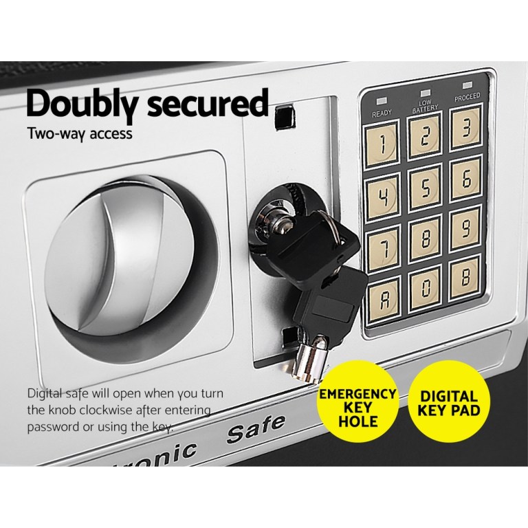 Digital safe with keypad and key access.