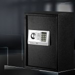 Black electronic safe with digital keypad.