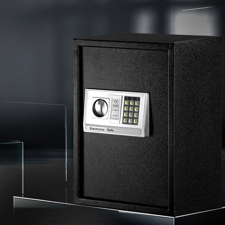 Black electronic safe with digital keypad.