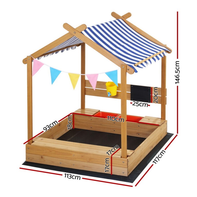 keezi kids sandpit wooden sandbox sand pit with canopy water basin toys 146cm Wooden sandbox with canopy and dimensions marked.