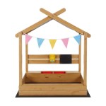 keezi kids sandpit wooden sandbox sand pit with canopy water basin toys 146cm Wooden playhouse with colourful bunting decorations.