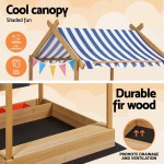keezi kids sandpit wooden sandbox sand pit with canopy water basin toys 146cm Striped canopy over wooden sandbox for kids.