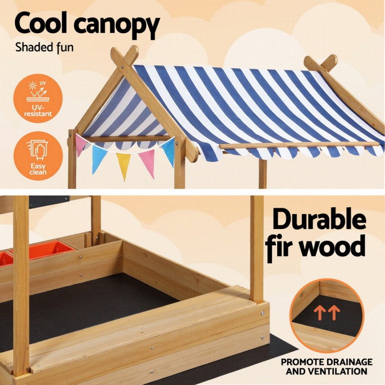 keezi kids sandpit wooden sandbox sand pit with canopy water basin toys 146cm Striped canopy over wooden sandbox for kids.
