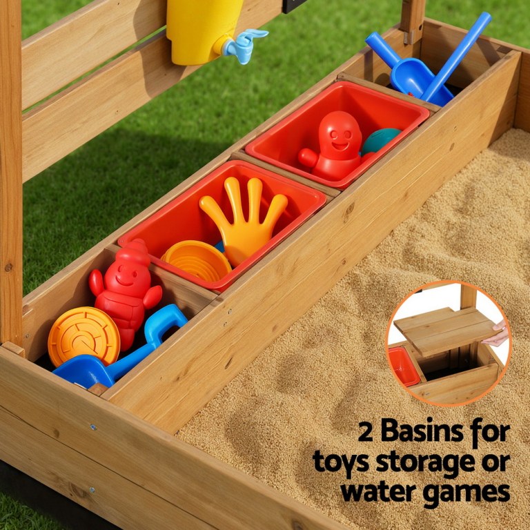 keezi kids sandpit wooden sandbox sand pit with canopy water basin toys 146cm Wooden sandbox with toy storage basins and sand.