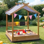keezi kids sandpit wooden sandbox sand pit with canopy water basin toys 146cm Wooden sandbox with colourful bunting and toys.