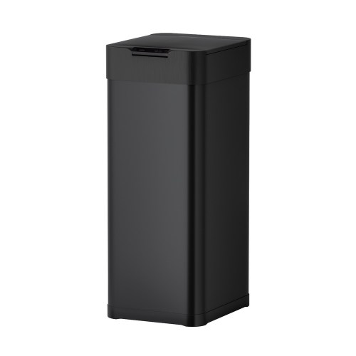 Tall black rectangular rubbish bin with lid