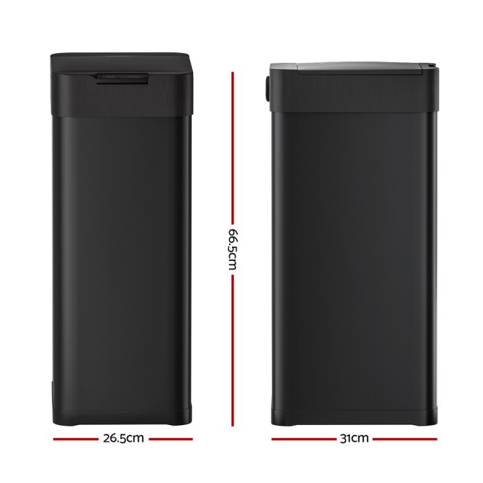 Two black rubbish bins with measurements shown.