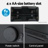 Battery slot, power switch, USB port, control panel.