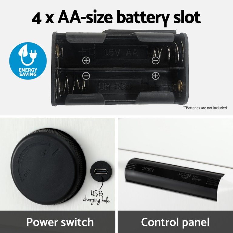 Battery slot, power switch, control panel features.