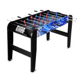 soccer 4t 121 00.jpg Blue and red foosball table with metal rods.
