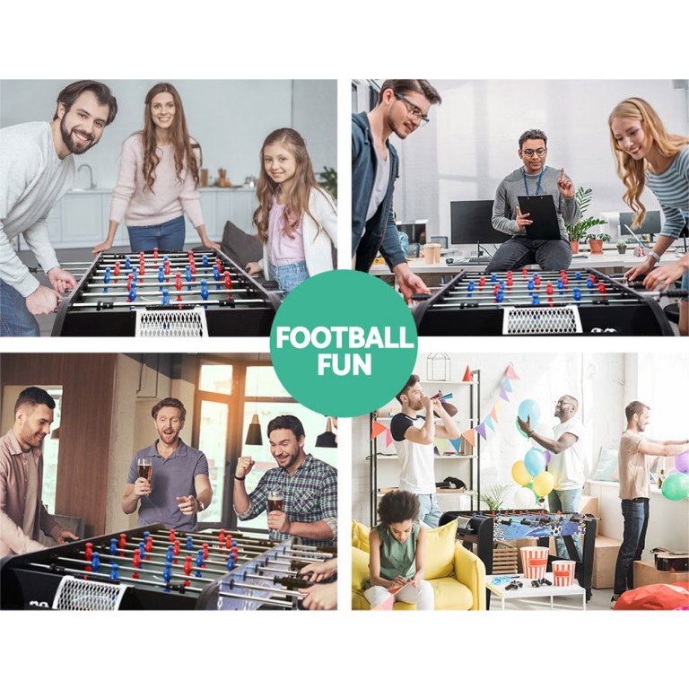 4ft soccer table foosball football game home family party gift playroom blue People enjoying foosball games and parties indoors.