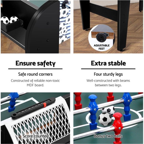 Foosball table with safety features and score counter.