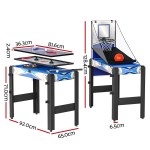 Multifunctional game table with basketball, air hockey features.