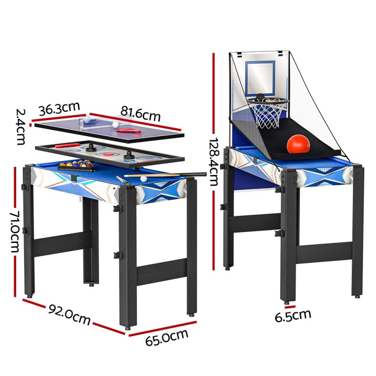Multifunctional game table with basketball, air hockey features.