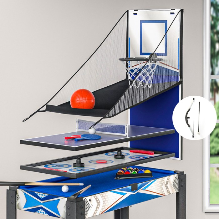 5 in 1 game table pool table tennis air hockey basketball arcade gift Multi-game table including basketball, tennis, and billiards.