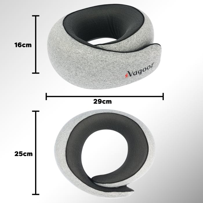 vagooz memory foam travel neck pillow set Grey neck pillow with dimensional measurements.