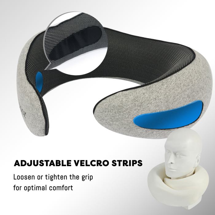 vagooz memory foam travel neck pillow set Adjustable travel neck pillow with Velcro closure.