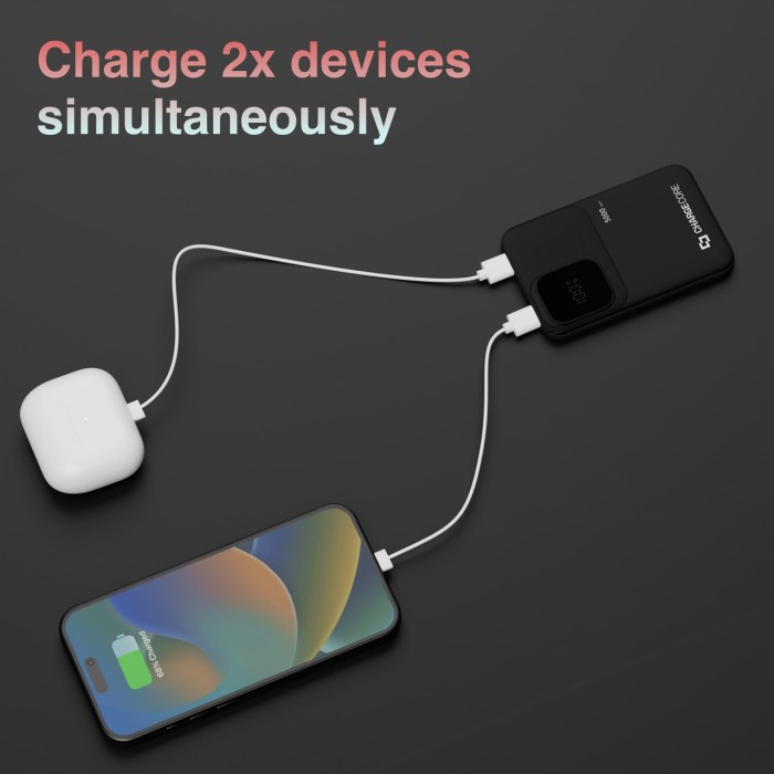 Charge two devices with ChargeCore power bank.