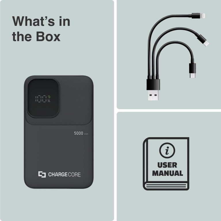 ChargeCore power bank, cables, user manual included.