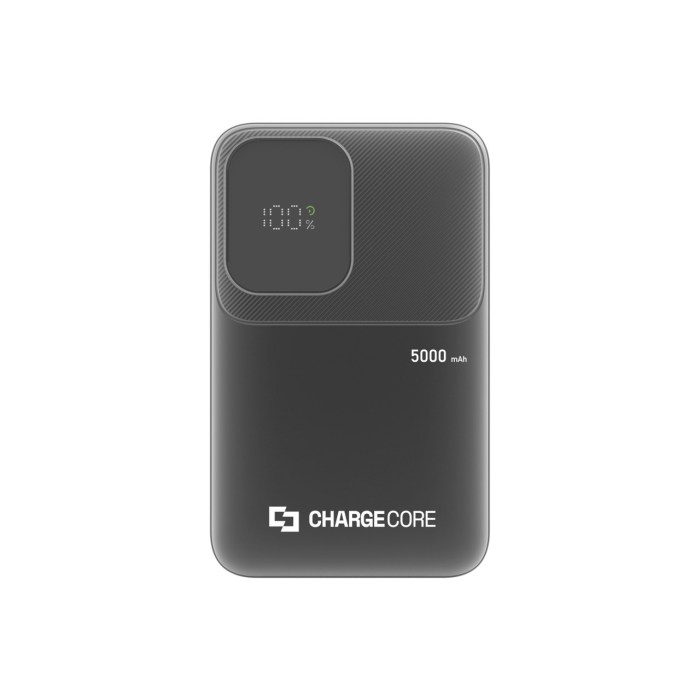 ChargeCore 5000mAh portable power bank, sleek design.